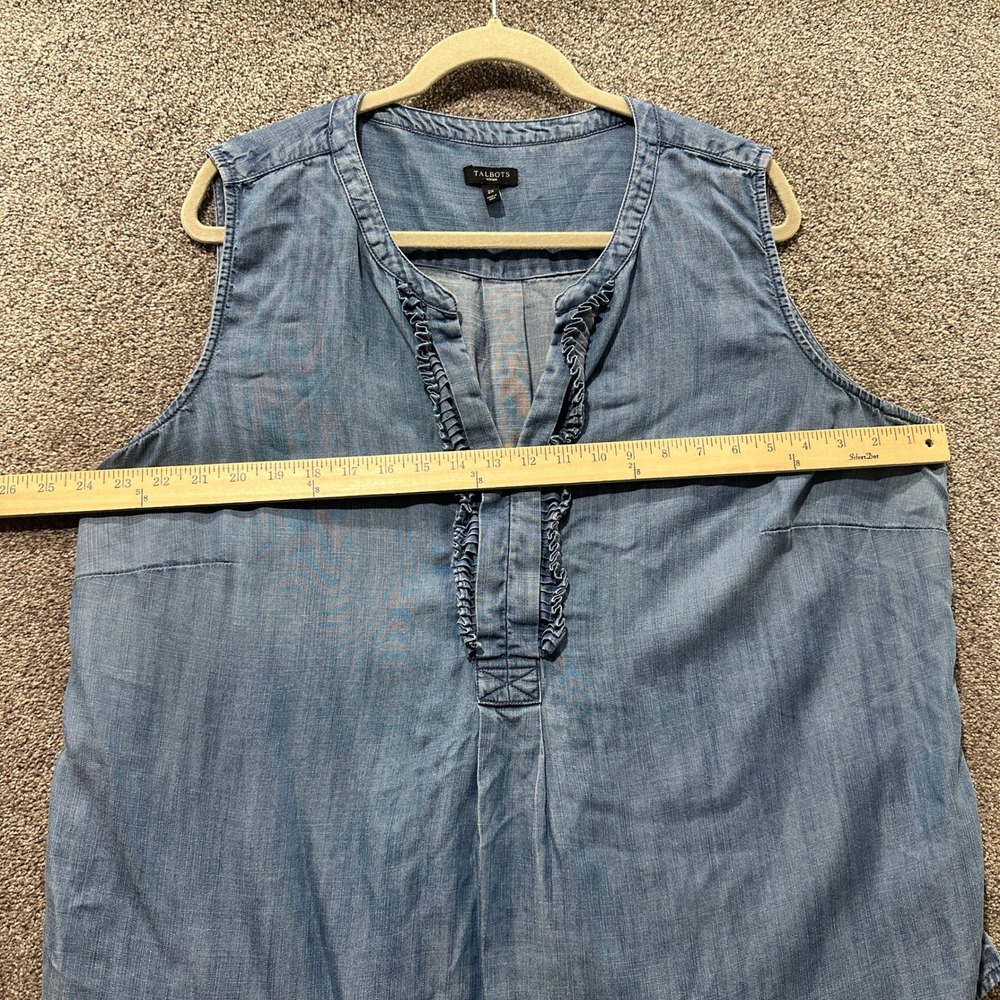 Talbots Blouse Top Sleeveless‎ Denim Chambray Lyocell Ruffle Neck Tank Casual - Picture 4 of 10